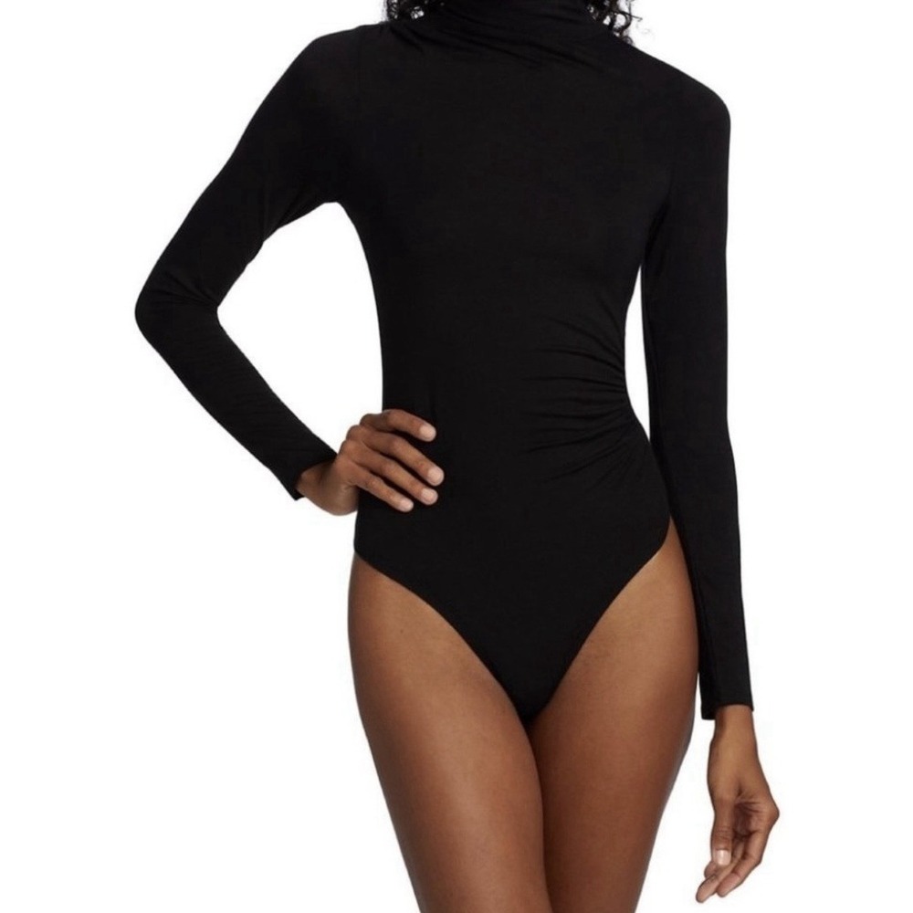 GOOD AMERICAN Ruched Turtleneck Bodysuit Black Long Sleeve High Neck Thong‎ 0/SM
